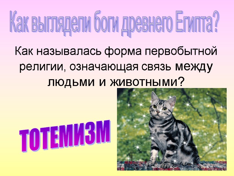 Как называлась форма первобытной религии, означающая связь между людьми и животными?   ТОТЕМИЗМ